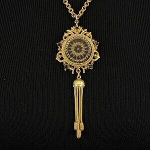 LAURENTIAN Victorian Revival necklace - 19" gold black glass tassel pendant LJM